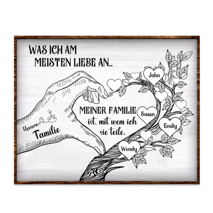 Personalisierte 4 Namen & Text Familienbaum Herz-Handgeste Holzbild Geschenk für Familie