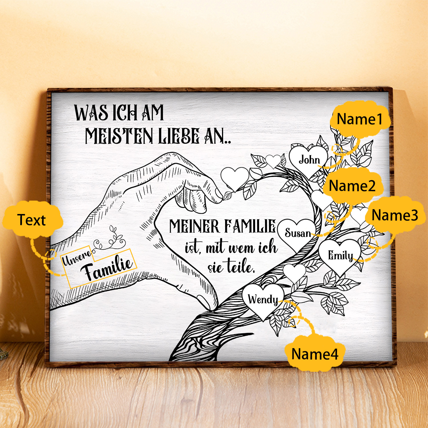 Personalisierte 4 Namen & Text Familienbaum Herz-Handgeste Holzbild Geschenk für Familie
