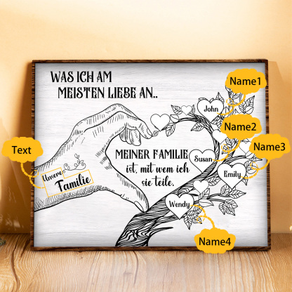 Personalisierte 4 Namen & Text Familienbaum Herz-Handgeste Holzbild Geschenk für Familie