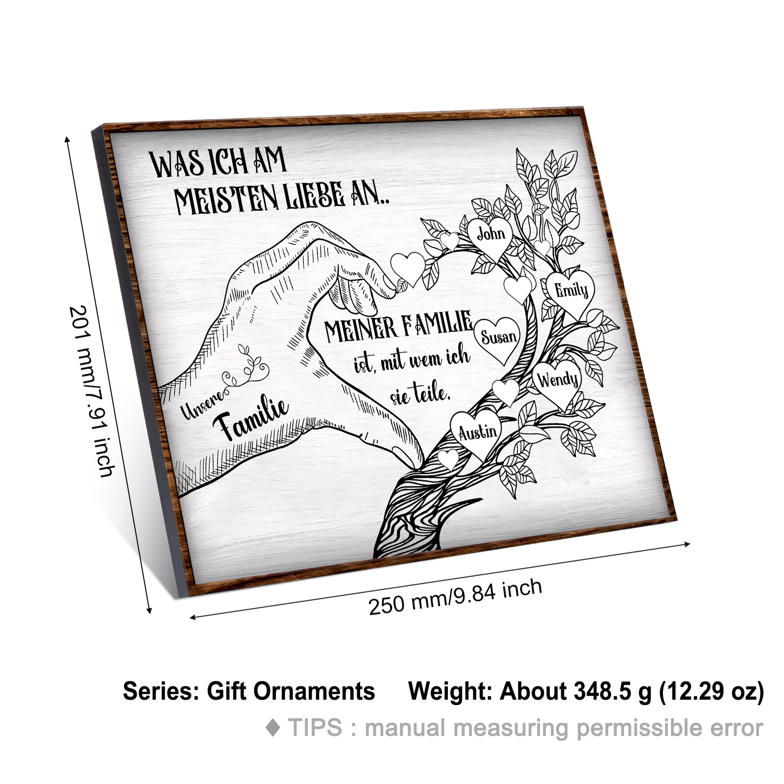 Personalisierte 5 Namen & Text Familienbaum Herz-Handgeste Holzbild Geschenk für Familie