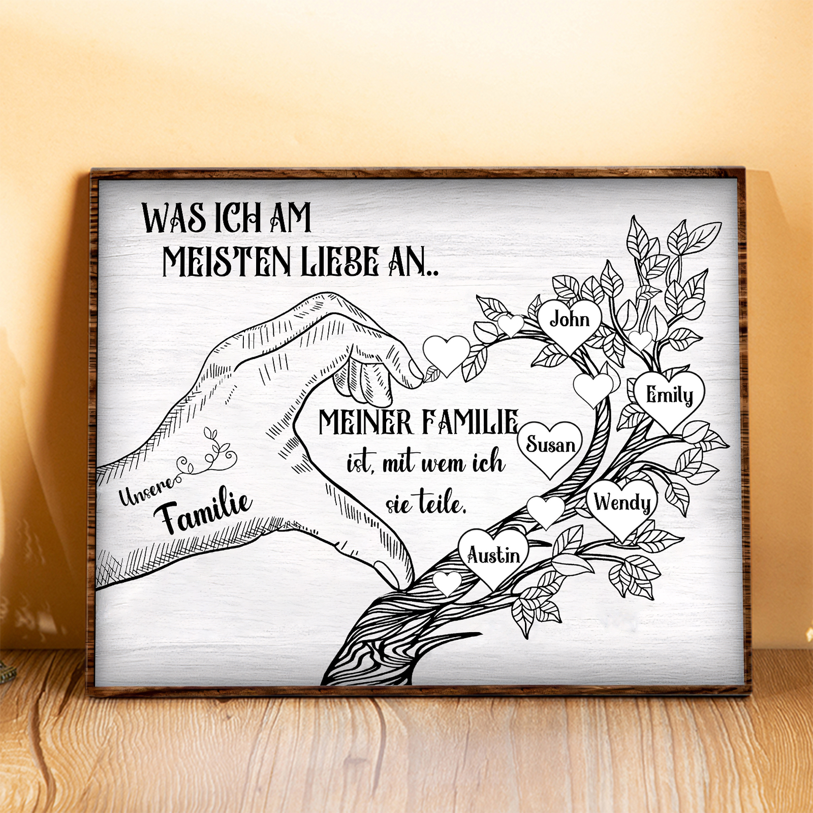 Personalisierte 5 Namen & Text Familienbaum Herz-Handgeste Holzbild Geschenk für Familie