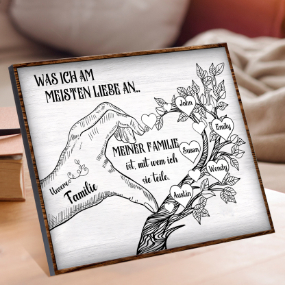 Personalisierte 5 Namen & Text Familienbaum Herz-Handgeste Holzbild Geschenk für Familie