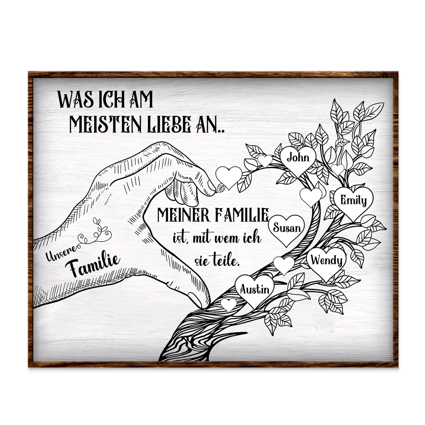 Personalisierte 5 Namen & Text Familienbaum Herz-Handgeste Holzbild Geschenk für Familie