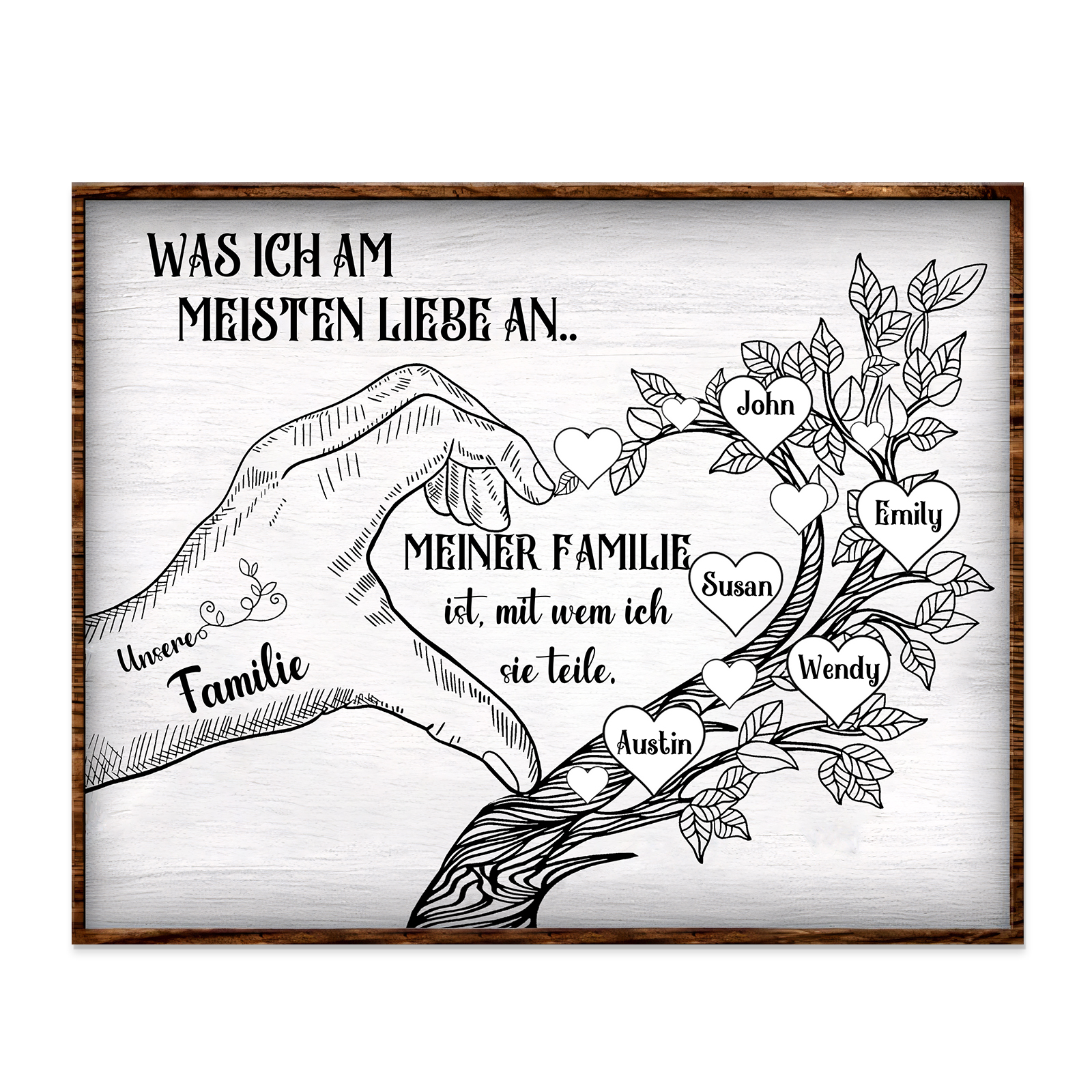 Personalisierte 5 Namen & Text Familienbaum Herz-Handgeste Holzbild Geschenk für Familie