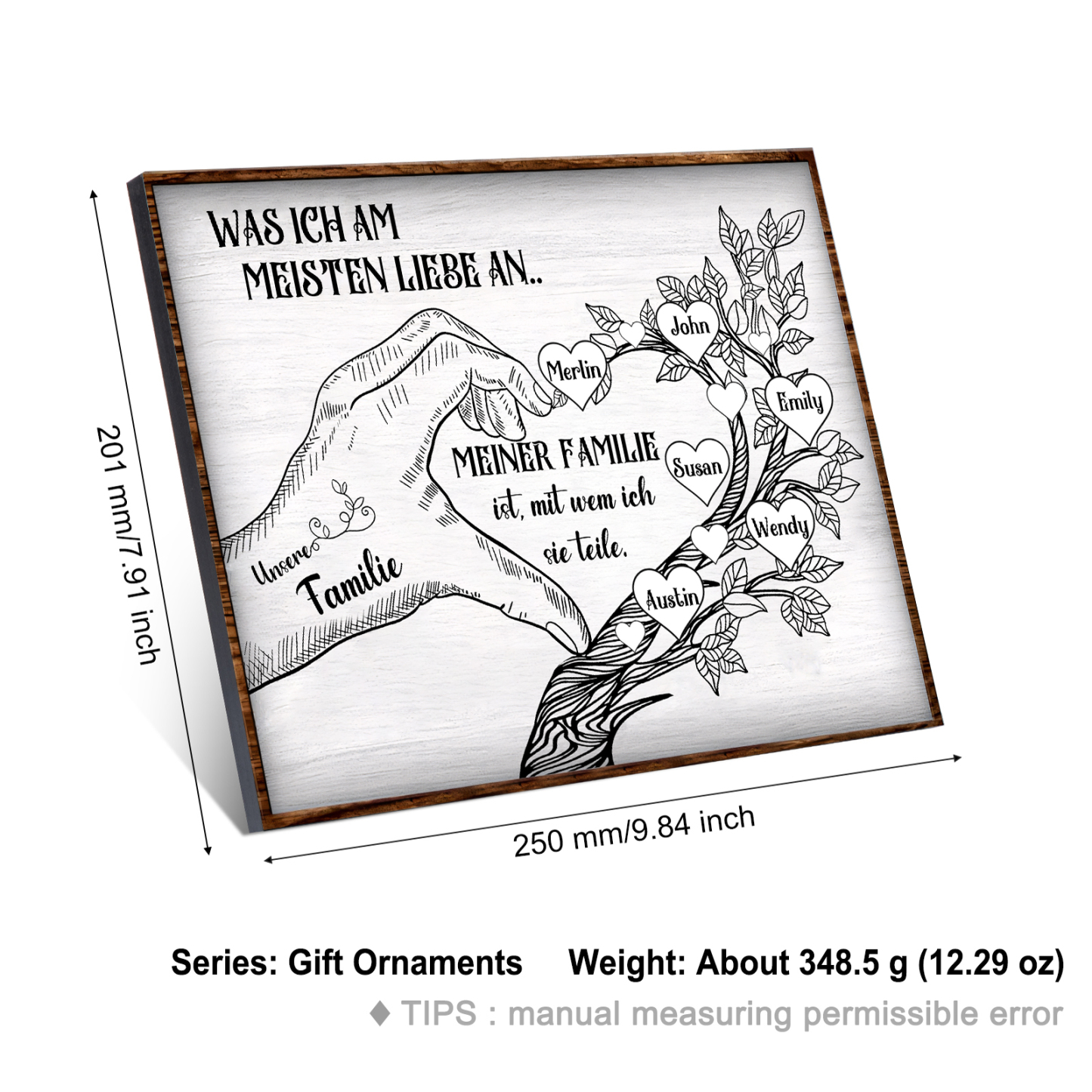 Personalisierte 6 Namen & Text Familienbaum Herz-Handgeste Holzbild Geschenk für Familie