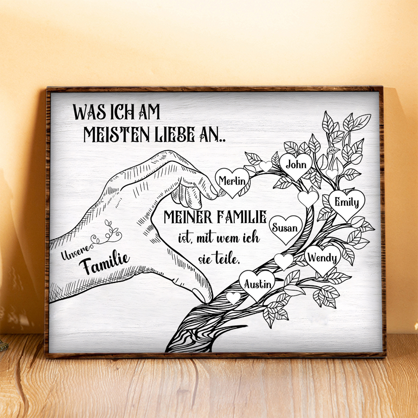 Personalisierte 6 Namen & Text Familienbaum Herz-Handgeste Holzbild Geschenk für Familie