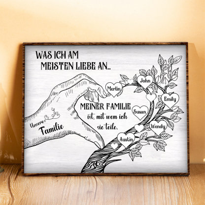 Personalisierte 6 Namen & Text Familienbaum Herz-Handgeste Holzbild Geschenk für Familie