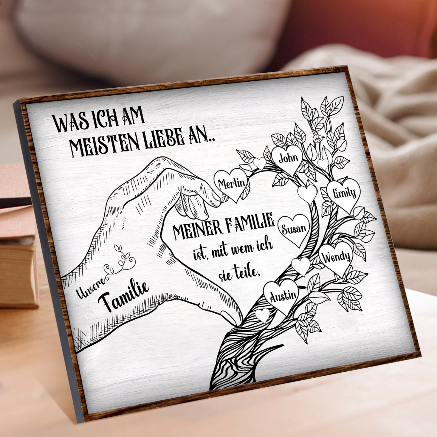 Personalisierte 6 Namen & Text Familienbaum Herz-Handgeste Holzbild Geschenk für Familie