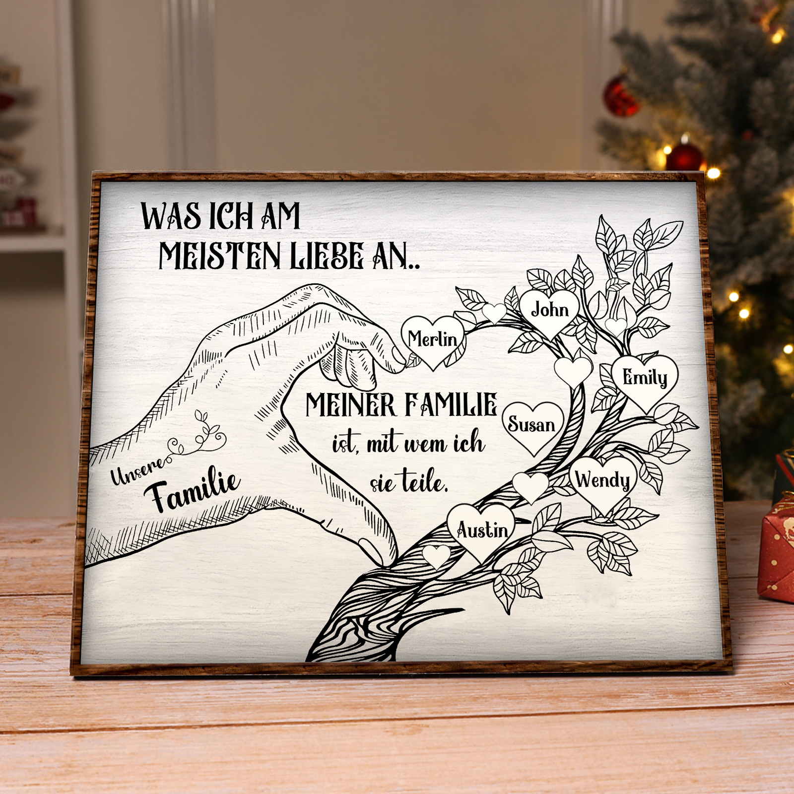 Personalisierte 6 Namen & Text Familienbaum Herz-Handgeste Holzbild Geschenk für Familie