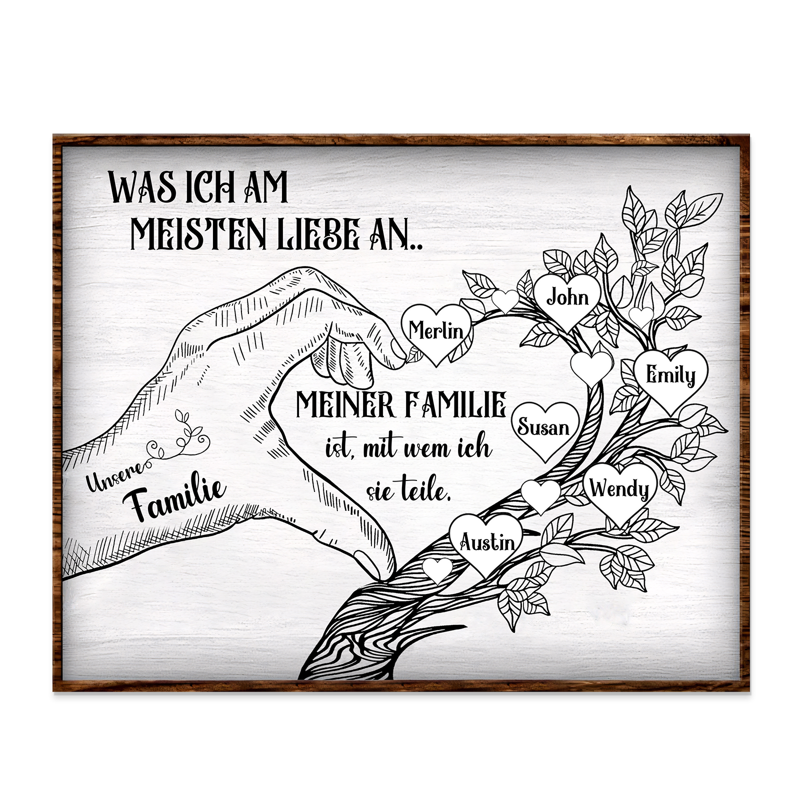 Personalisierte 6 Namen & Text Familienbaum Herz-Handgeste Holzbild Geschenk für Familie