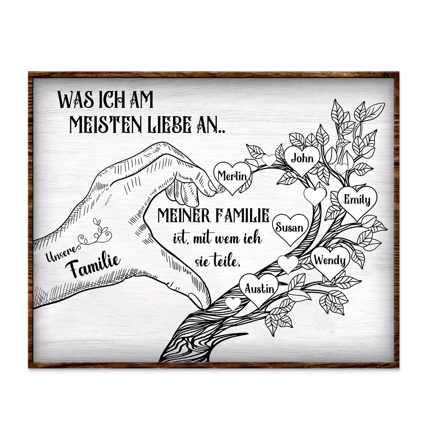 Personalisierte 6 Namen & Text Familienbaum Herz-Handgeste Holzbild Geschenk für Familie