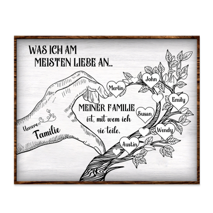 Personalisierte 6 Namen & Text Familienbaum Herz-Handgeste Holzbild Geschenk für Familie