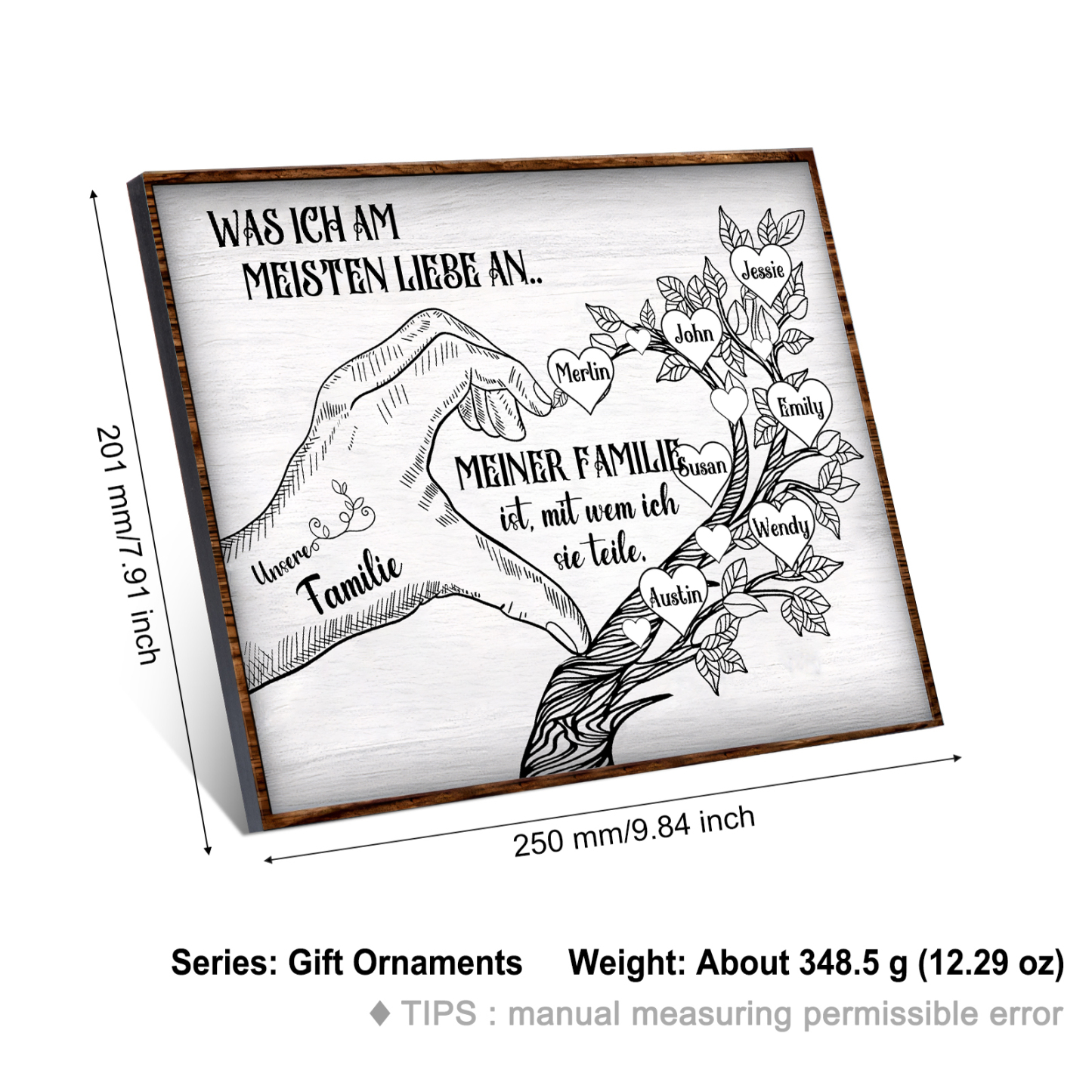 Personalisierte 7 Namen & Text Familienbaum Herz-Handgeste Holzbild Geschenk für Familie
