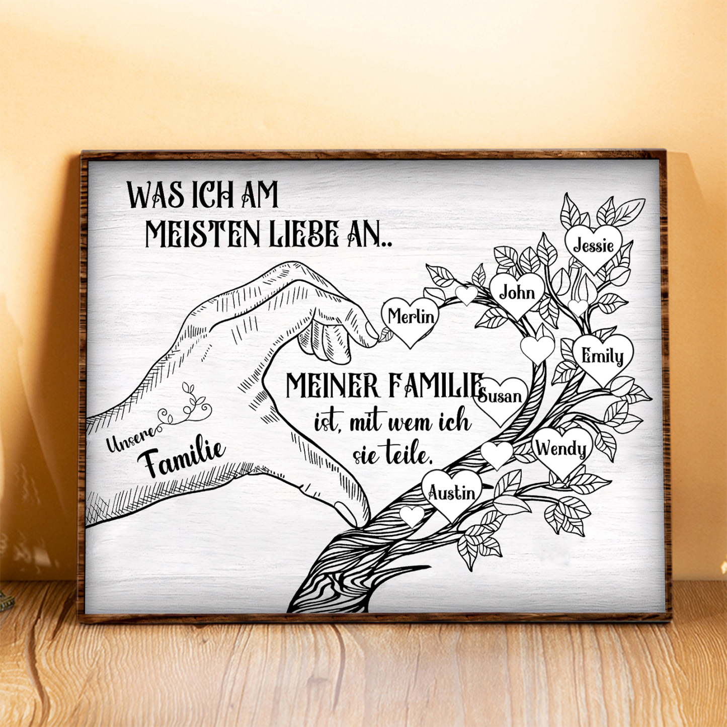 Personalisierte 7 Namen & Text Familienbaum Herz-Handgeste Holzbild Geschenk für Familie