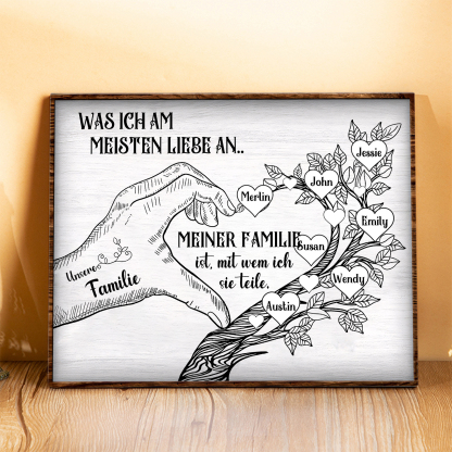 Personalisierte 7 Namen & Text Familienbaum Herz-Handgeste Holzbild Geschenk für Familie