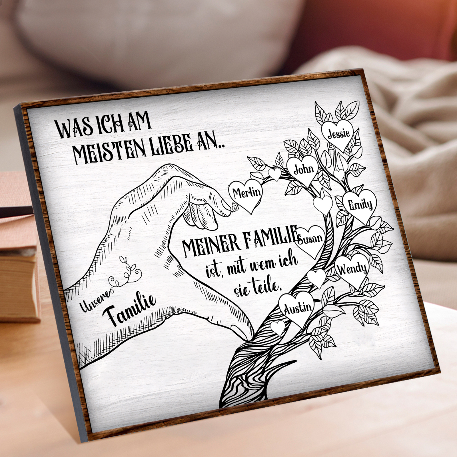 Personalisierte 7 Namen & Text Familienbaum Herz-Handgeste Holzbild Geschenk für Familie