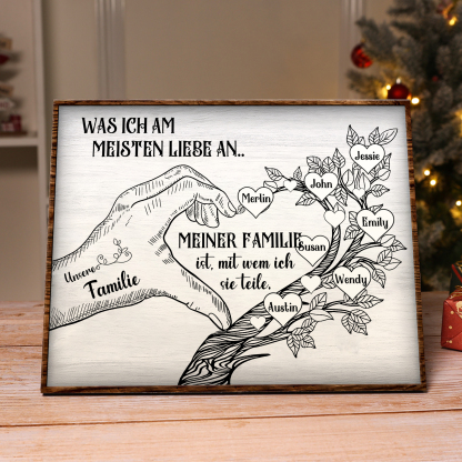 Personalisierte 7 Namen & Text Familienbaum Herz-Handgeste Holzbild Geschenk für Familie
