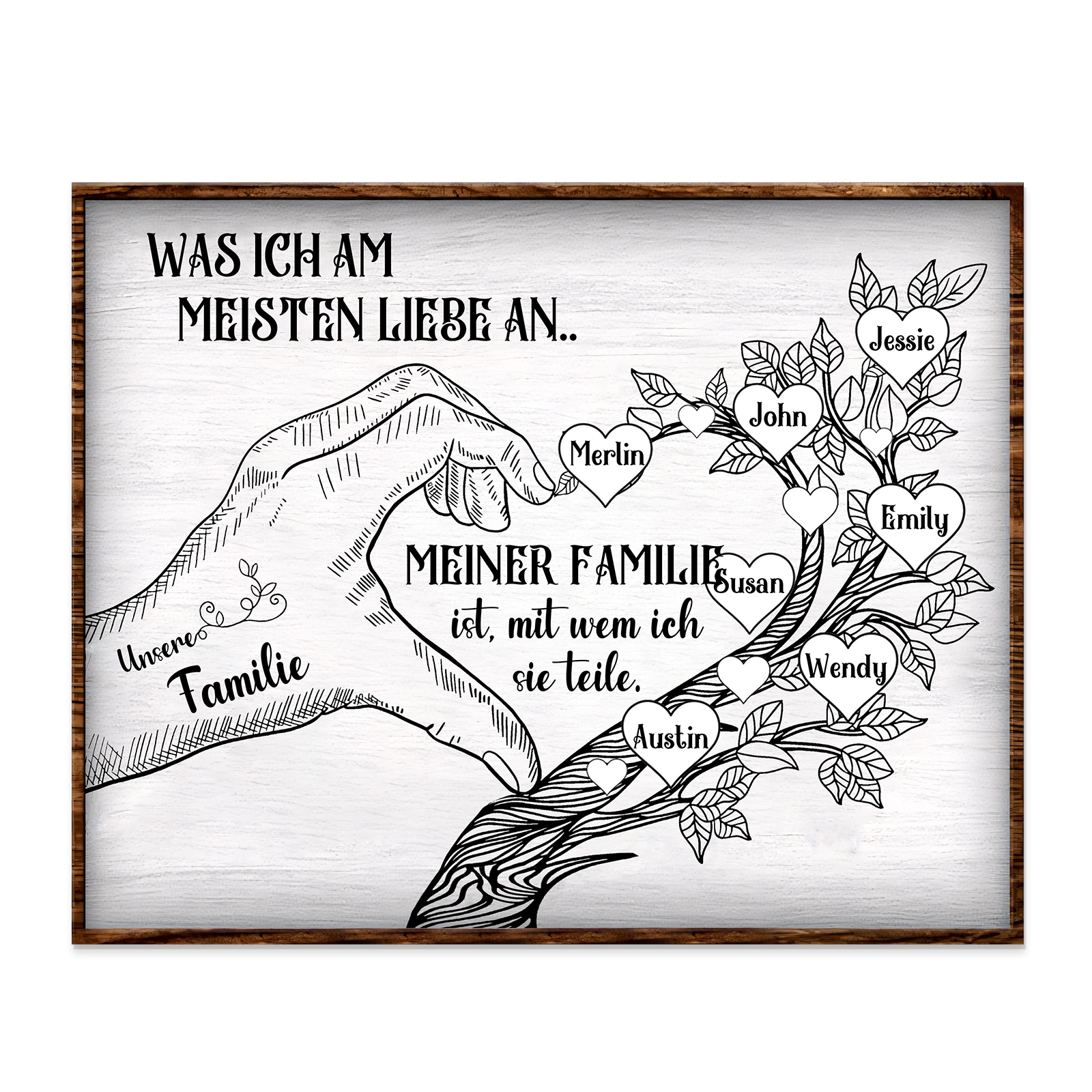 Personalisierte 7 Namen & Text Familienbaum Herz-Handgeste Holzbild Geschenk für Familie