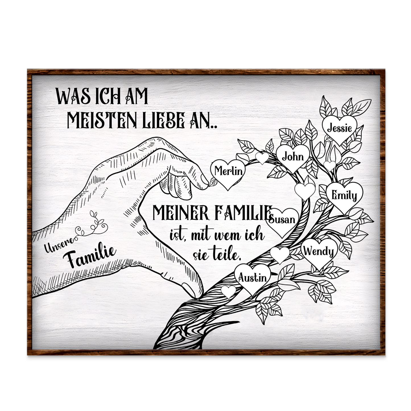 Personalisierte 7 Namen & Text Familienbaum Herz-Handgeste Holzbild Geschenk für Familie