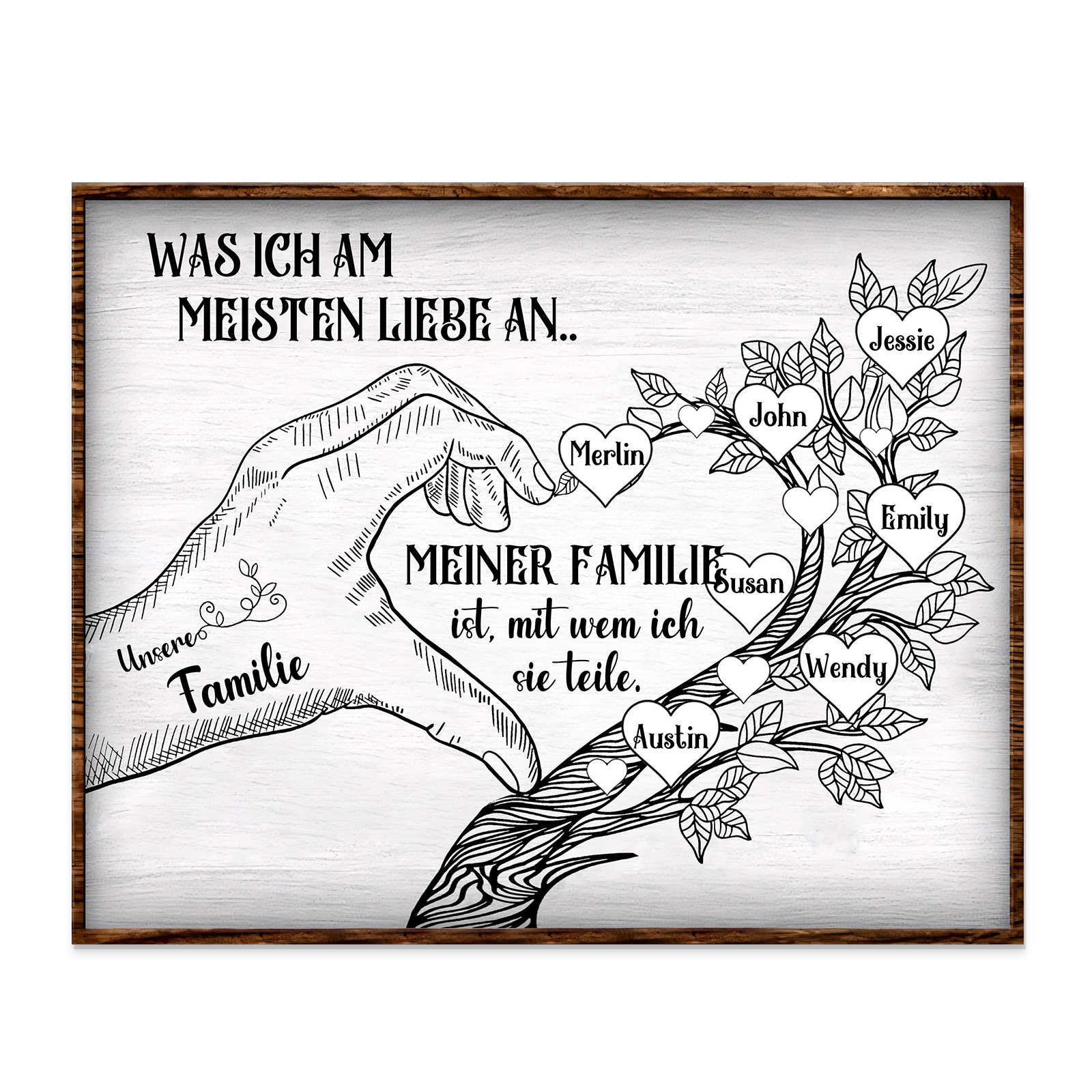 Personalisierte 7 Namen & Text Familienbaum Herz-Handgeste Holzbild Geschenk für Familie