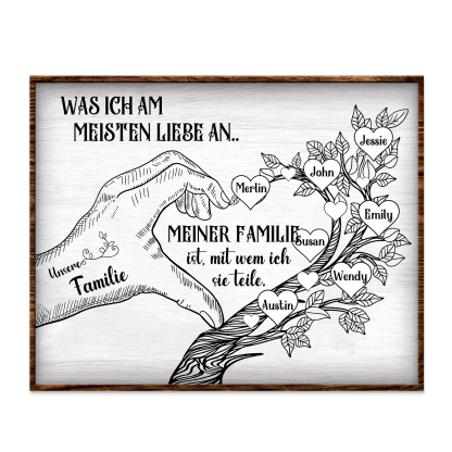 Personalisierte 7 Namen & Text Familienbaum Herz-Handgeste Holzbild Geschenk für Familie