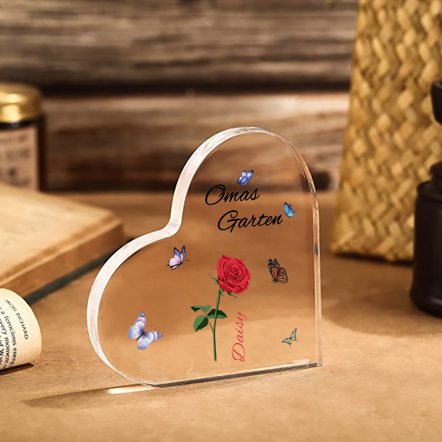 Personalisierter 1 Name & Text & Geburtsblume Herz Acryl-Deko–Omas Garten– Schreibtischdekoration für Großmütter