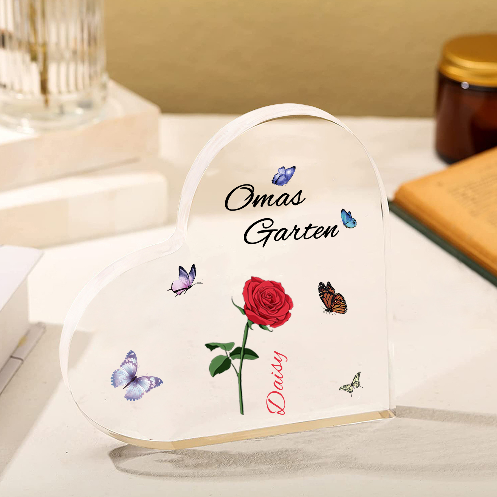 Personalisierter 1 Name & Text & Geburtsblume Herz Acryl-Deko–Omas Garten– Schreibtischdekoration für Großmütter
