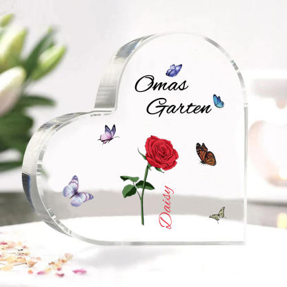 Personalisierter 1 Name & Text & Geburtsblume Herz Acryl-Deko–Omas Garten– Schreibtischdekoration für Großmütter