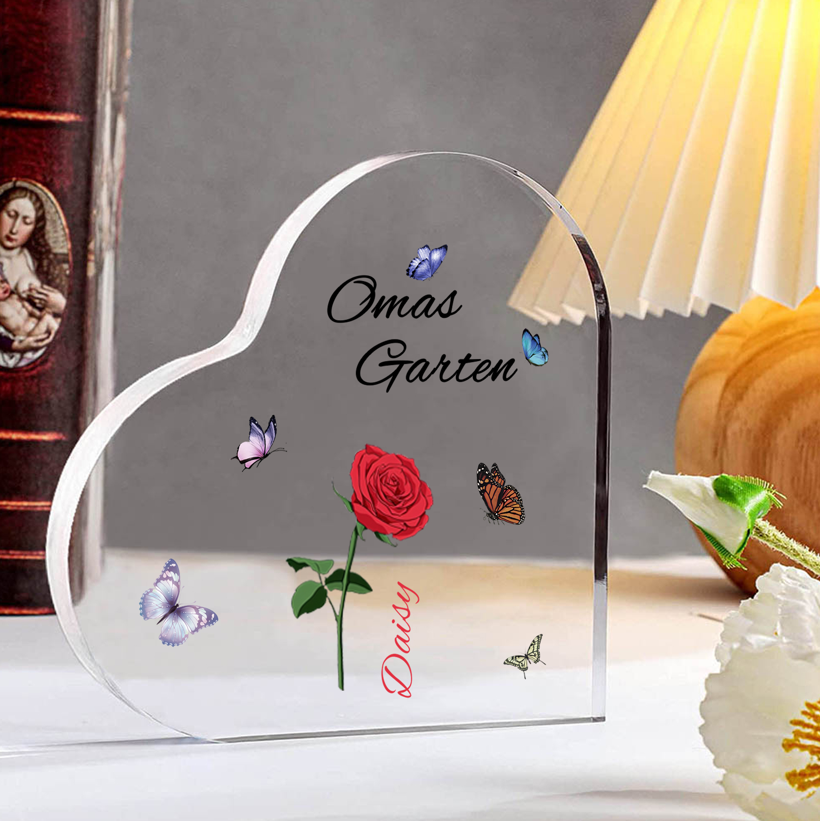 Personalisierter 1 Name & Text & Geburtsblume Herz Acryl-Deko–Omas Garten– Schreibtischdekoration für Großmütter