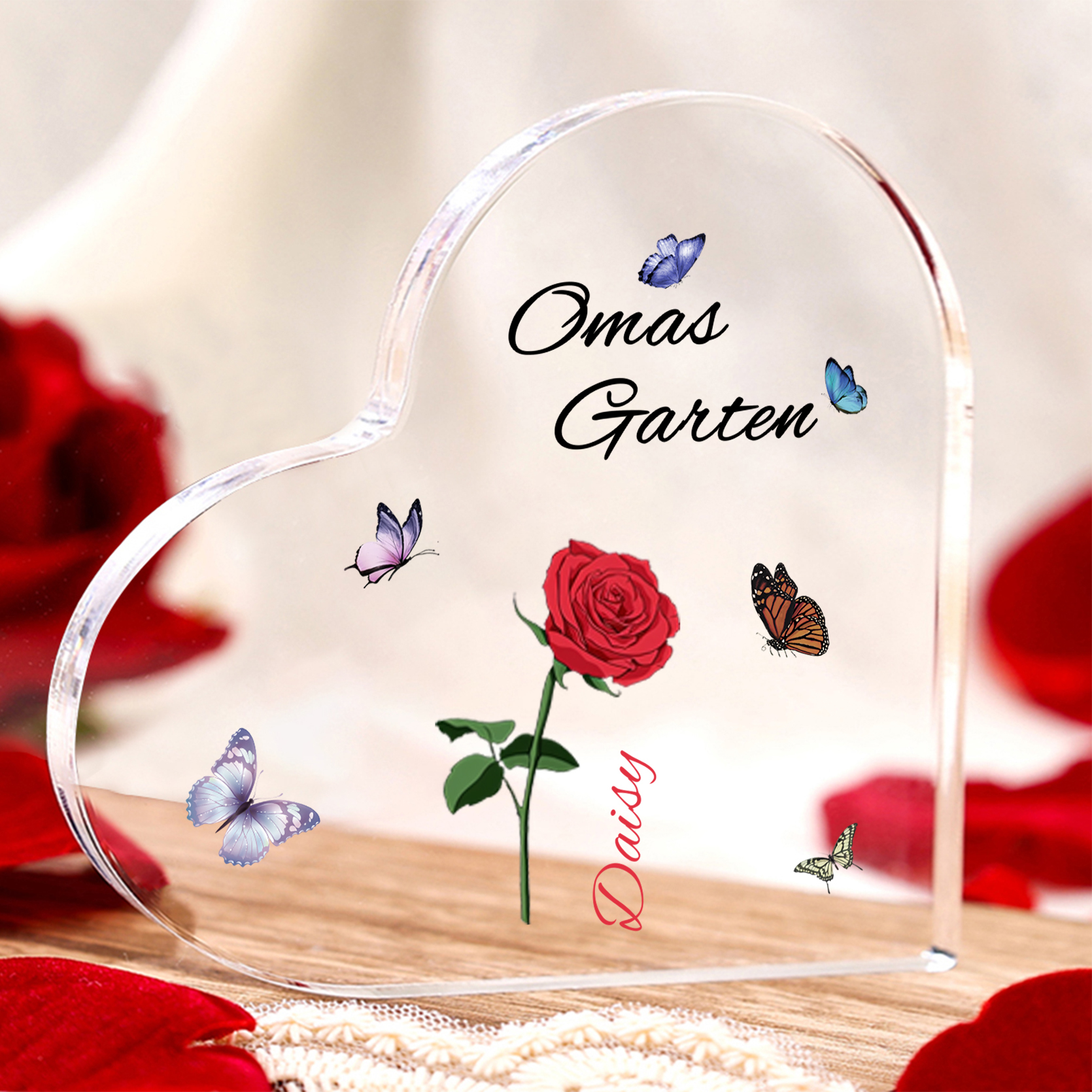 Personalisierter 1 Name & Text & Geburtsblume Herz Acryl-Deko–Omas Garten– Schreibtischdekoration für Großmütter