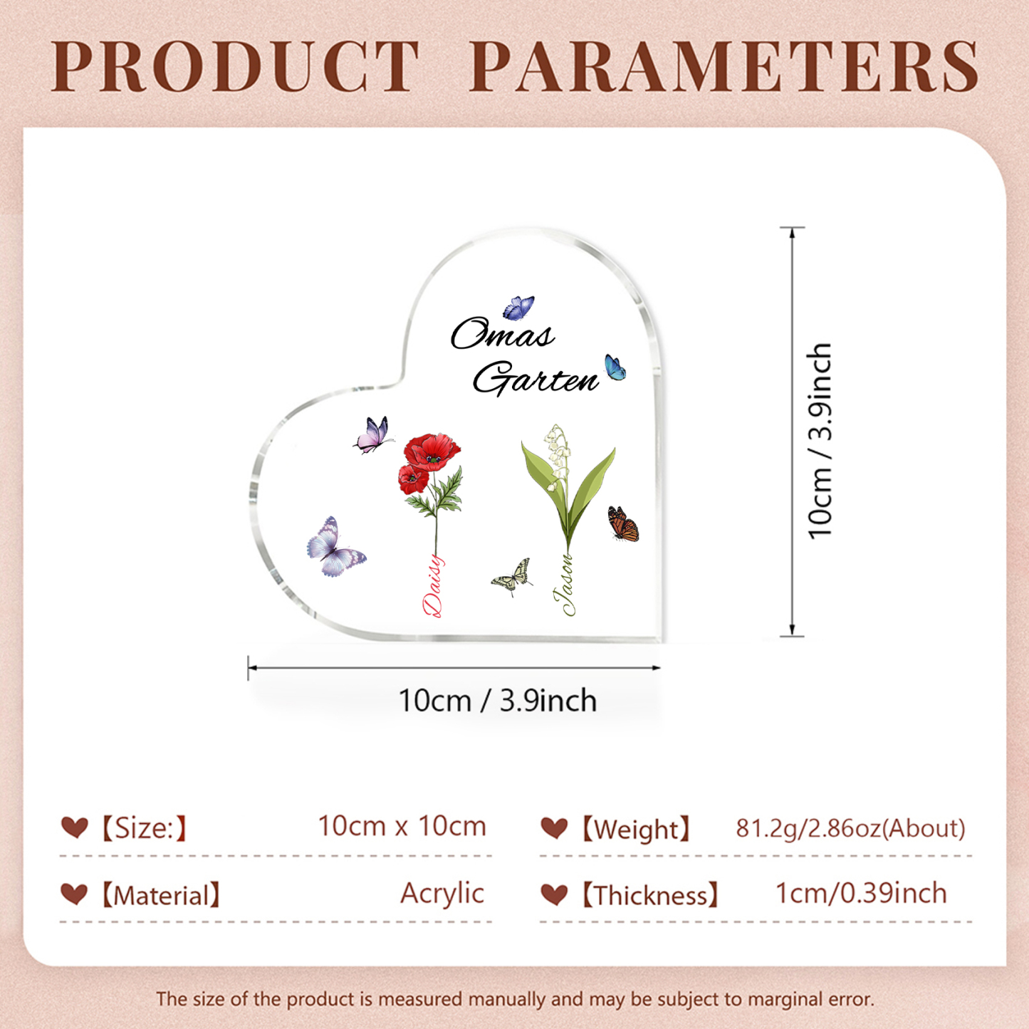 Personalisierte 2 Namen & Text & Geburtsblume Herz Acryl-Deko–Omas Garten– Schreibtischdekoration für Großmütter