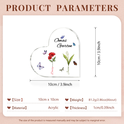 Personalisierte 2 Namen & Text & Geburtsblume Herz Acryl-Deko–Omas Garten– Schreibtischdekoration für Großmütter