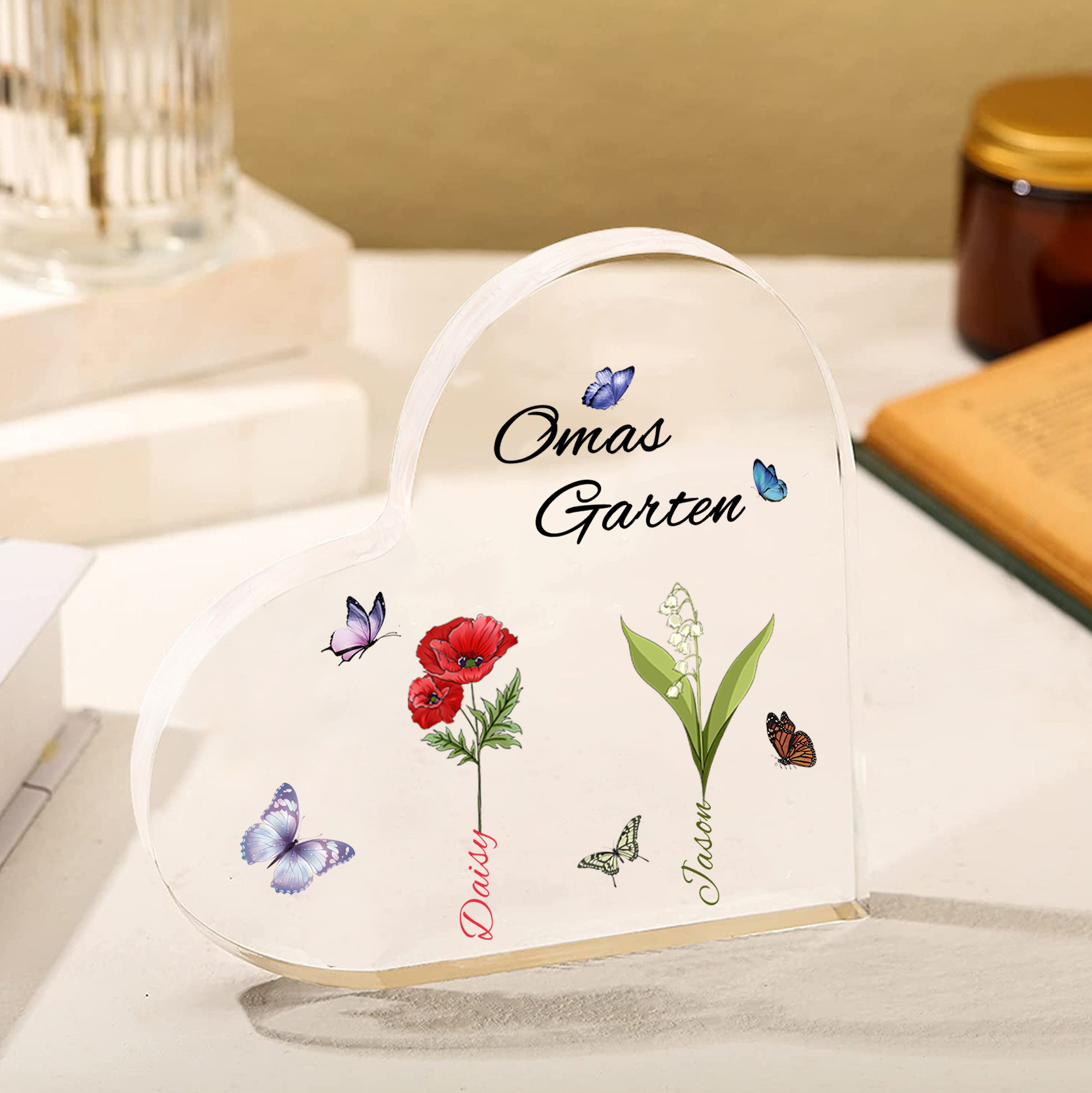 Personalisierte 2 Namen & Text & Geburtsblume Herz Acryl-Deko–Omas Garten– Schreibtischdekoration für Großmütter