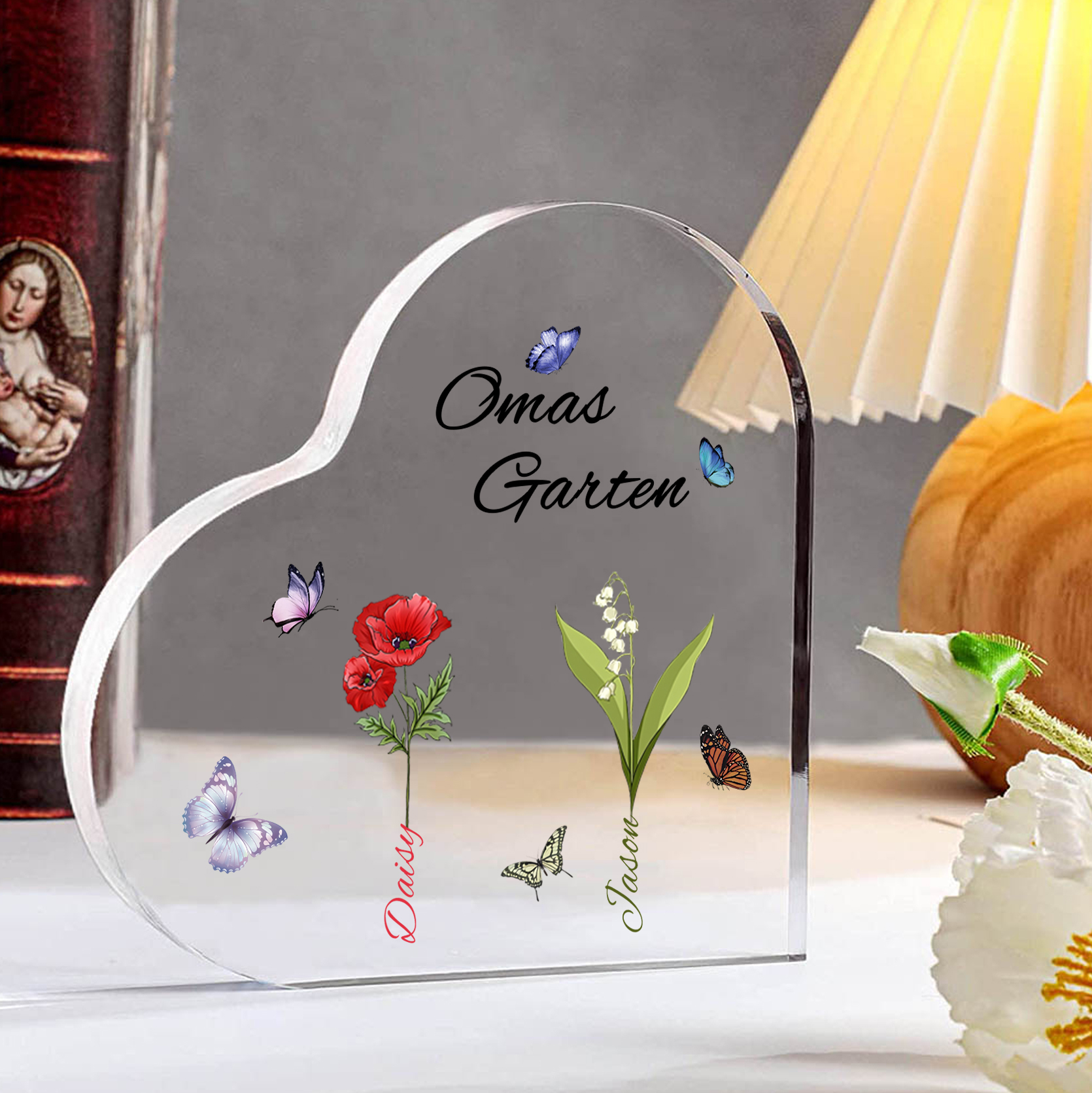 Personalisierte 2 Namen & Text & Geburtsblume Herz Acryl-Deko–Omas Garten– Schreibtischdekoration für Großmütter