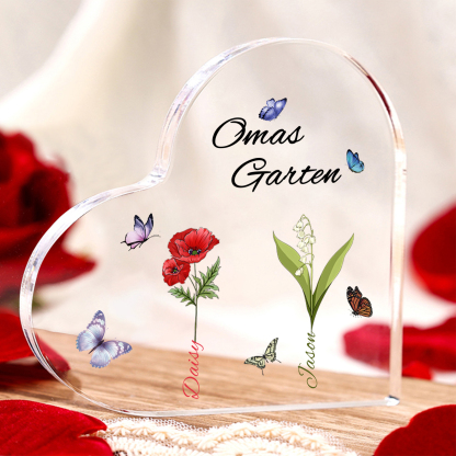 Personalisierte 2 Namen & Text & Geburtsblume Herz Acryl-Deko–Omas Garten– Schreibtischdekoration für Großmütter