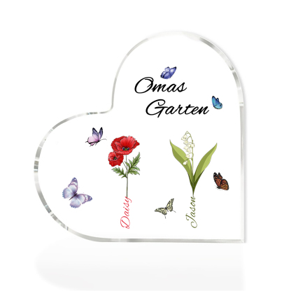 Personalisierte 2 Namen & Text & Geburtsblume Herz Acryl-Deko–Omas Garten– Schreibtischdekoration für Großmütter