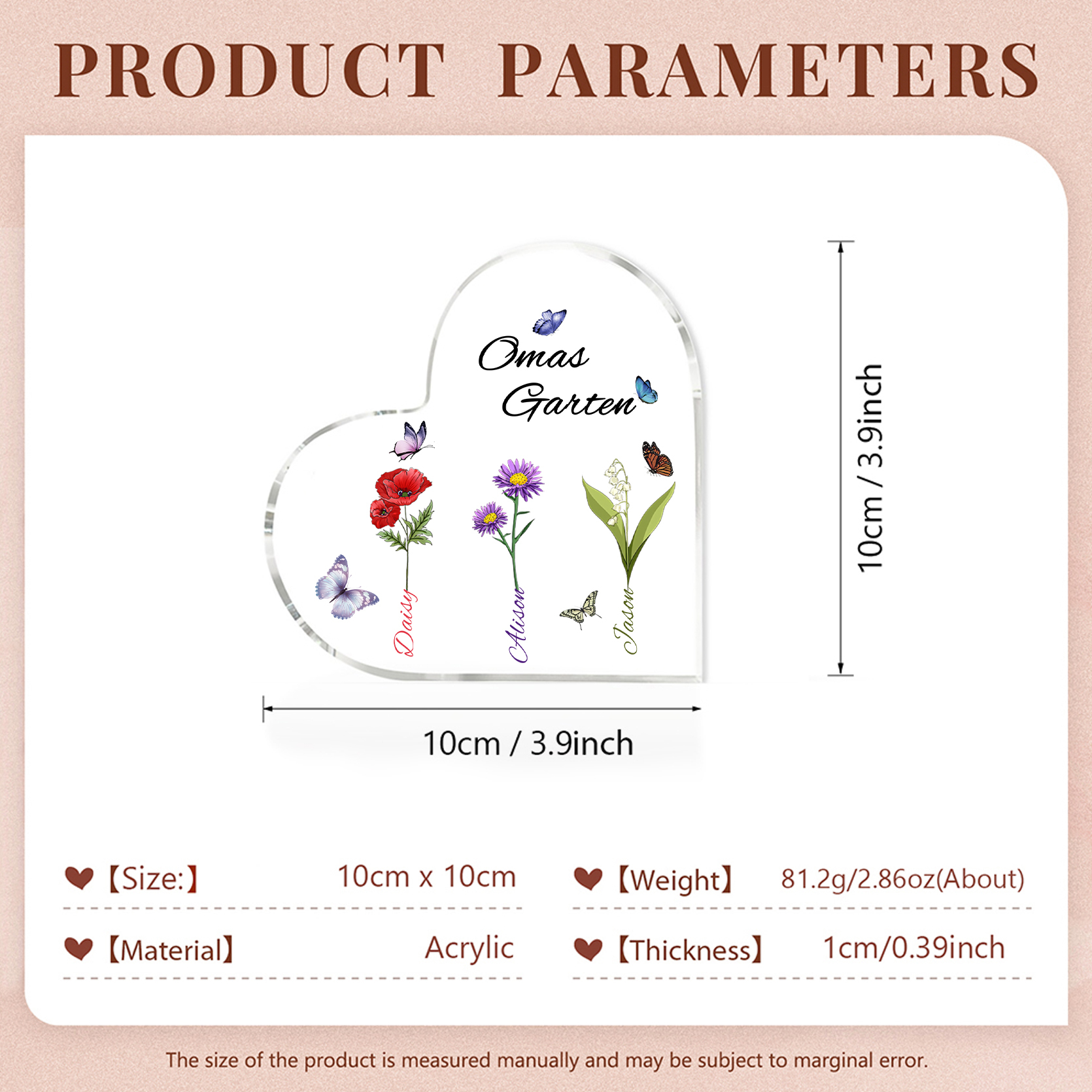 Personalisierte 3 Namen & Text & Geburtsblume Herz Acryl-Deko–Omas Garten– Schreibtischdekoration für Großmütter