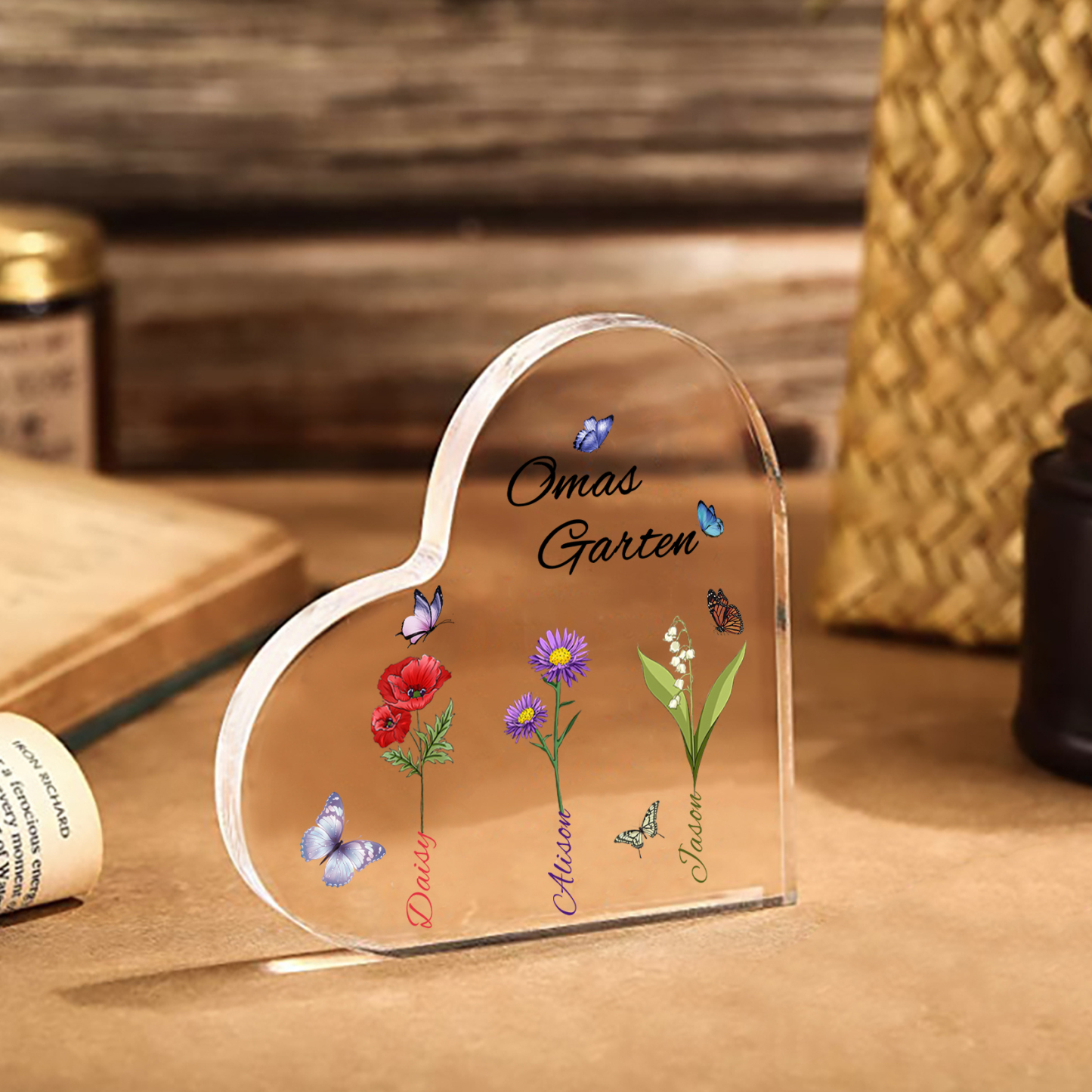 Personalisierte 3 Namen & Text & Geburtsblume Herz Acryl-Deko–Omas Garten– Schreibtischdekoration für Großmütter