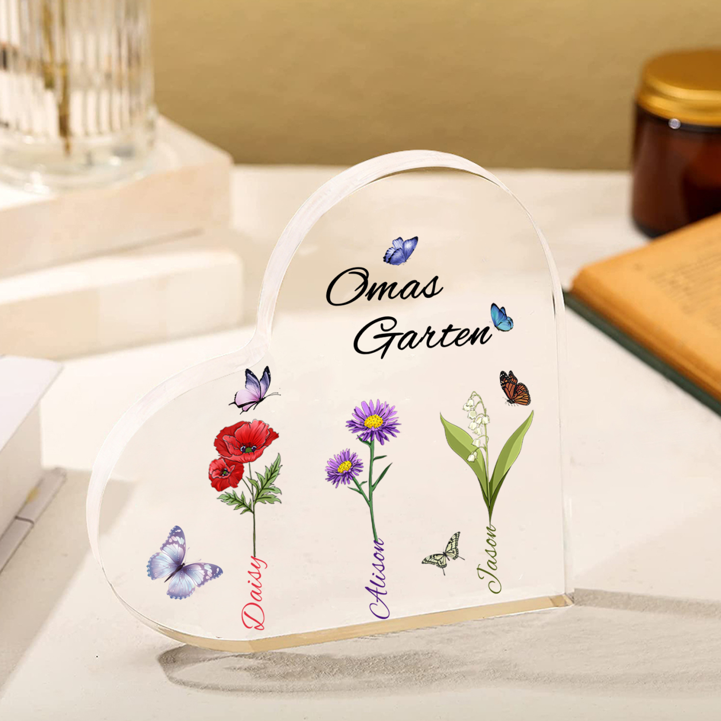 Personalisierte 3 Namen & Text & Geburtsblume Herz Acryl-Deko–Omas Garten– Schreibtischdekoration für Großmütter