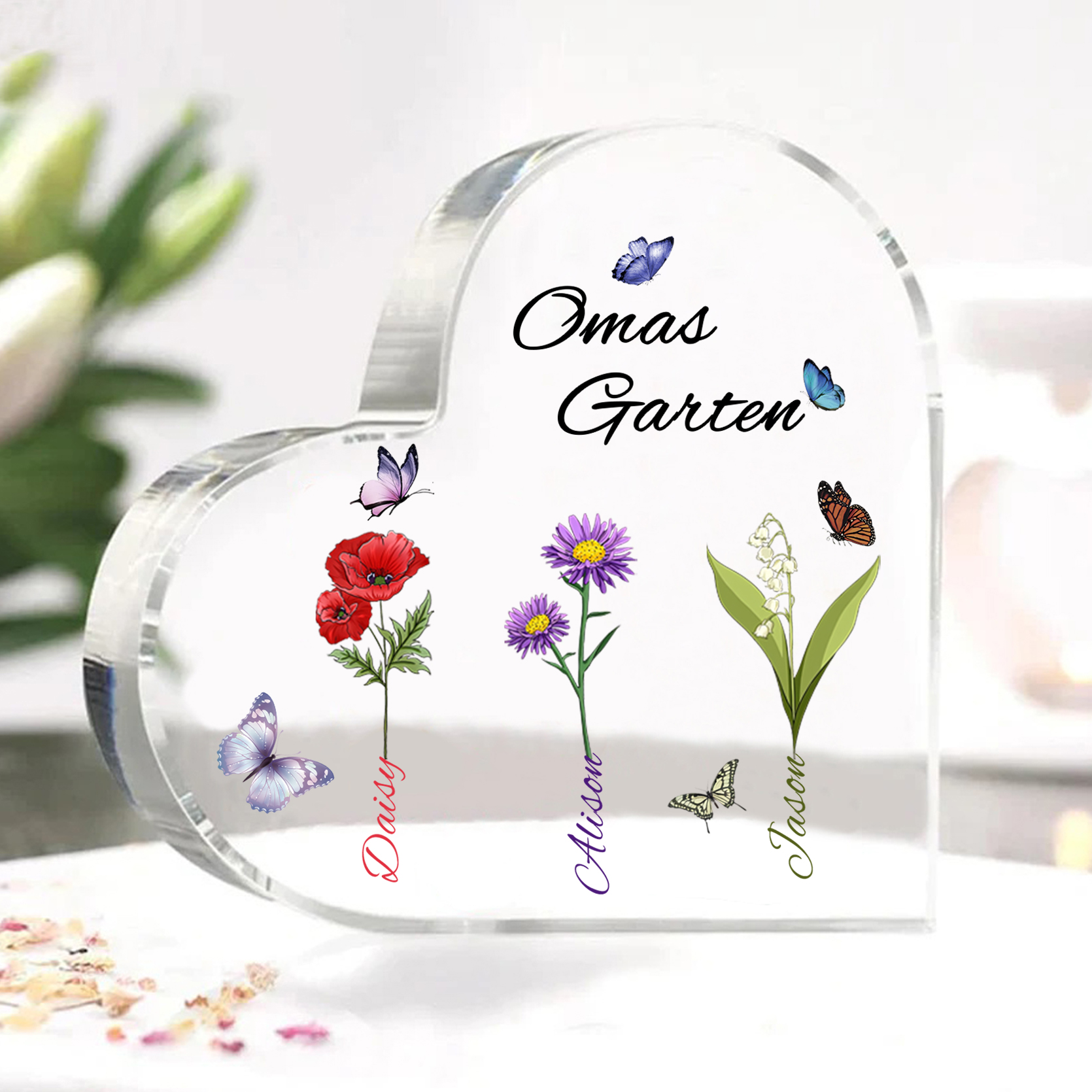 Personalisierte 3 Namen & Text & Geburtsblume Herz Acryl-Deko–Omas Garten– Schreibtischdekoration für Großmütter