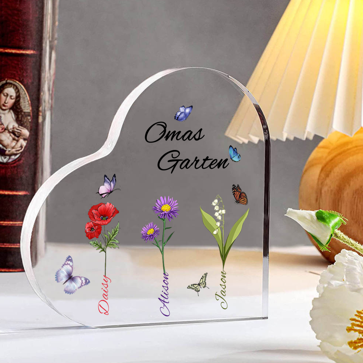 Personalisierte 3 Namen & Text & Geburtsblume Herz Acryl-Deko–Omas Garten– Schreibtischdekoration für Großmütter