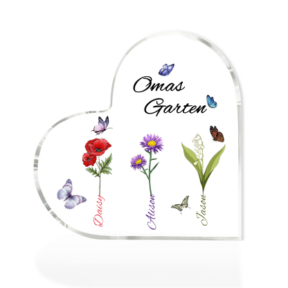 Personalisierte 3 Namen & Text & Geburtsblume Herz Acryl-Deko–Omas Garten– Schreibtischdekoration für Großmütter