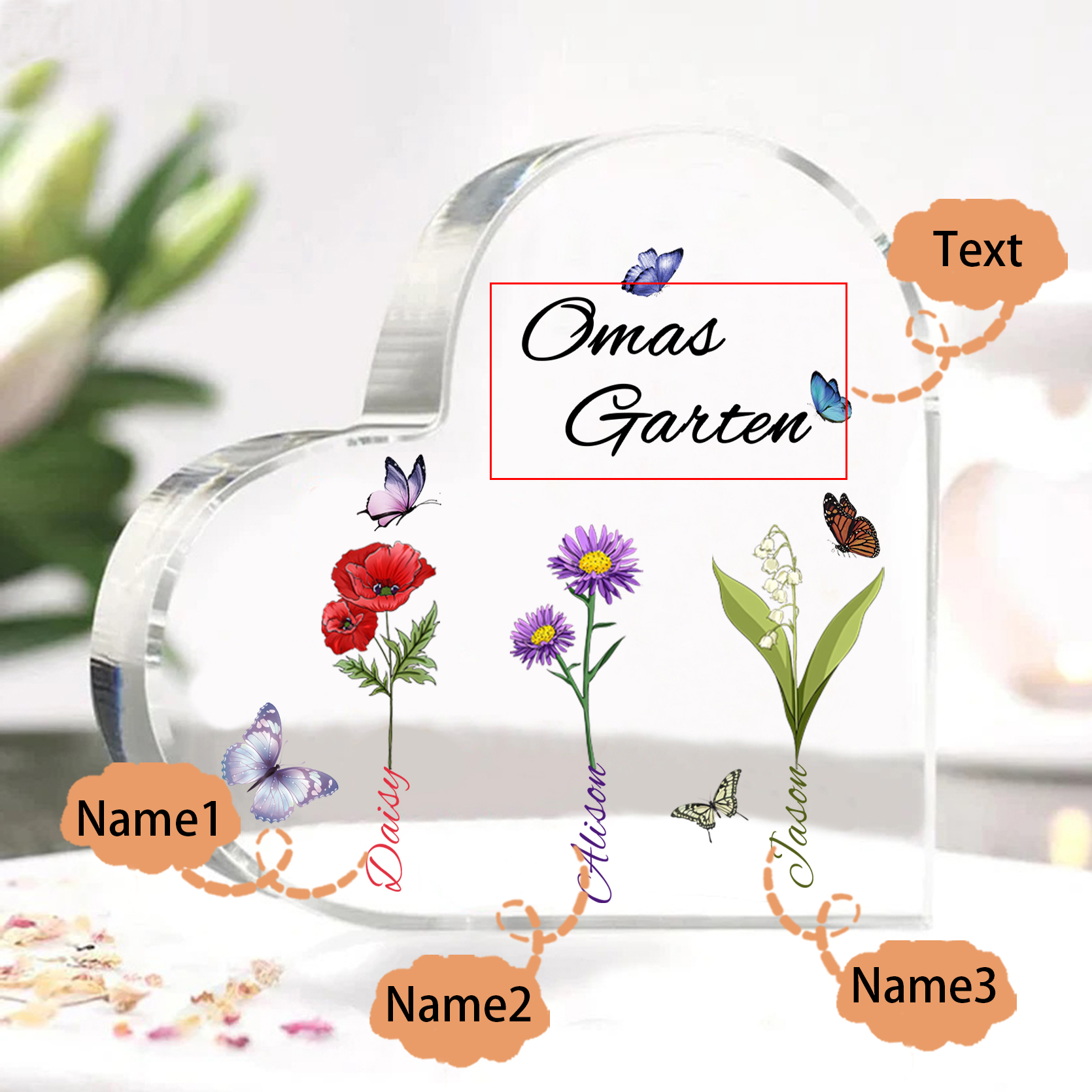 Personalisierte 3 Namen & Text & Geburtsblume Herz Acryl-Deko–Omas Garten– Schreibtischdekoration für Großmütter