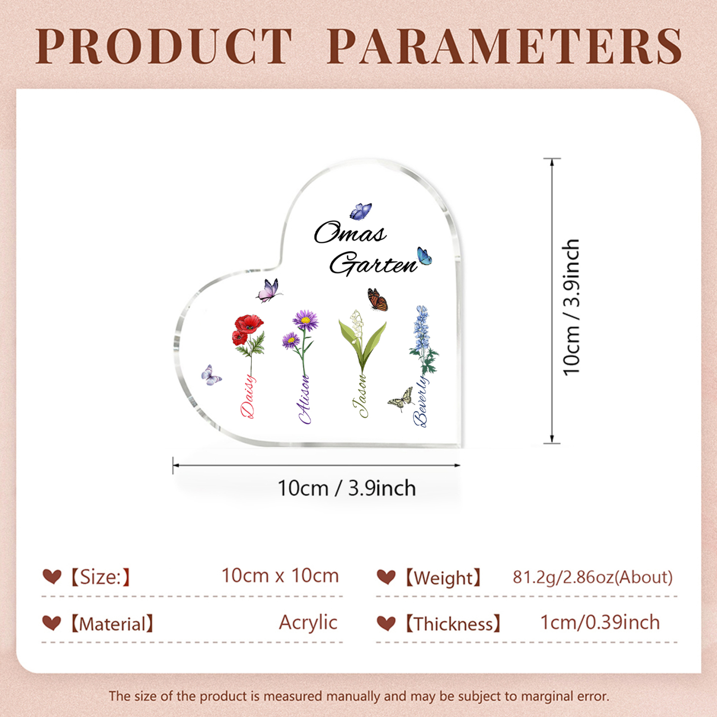 Personalisierte 4 Namen & Text & Geburtsblume Herz Acryl-Deko–Omas Garten– Schreibtischdekoration für Großmütter