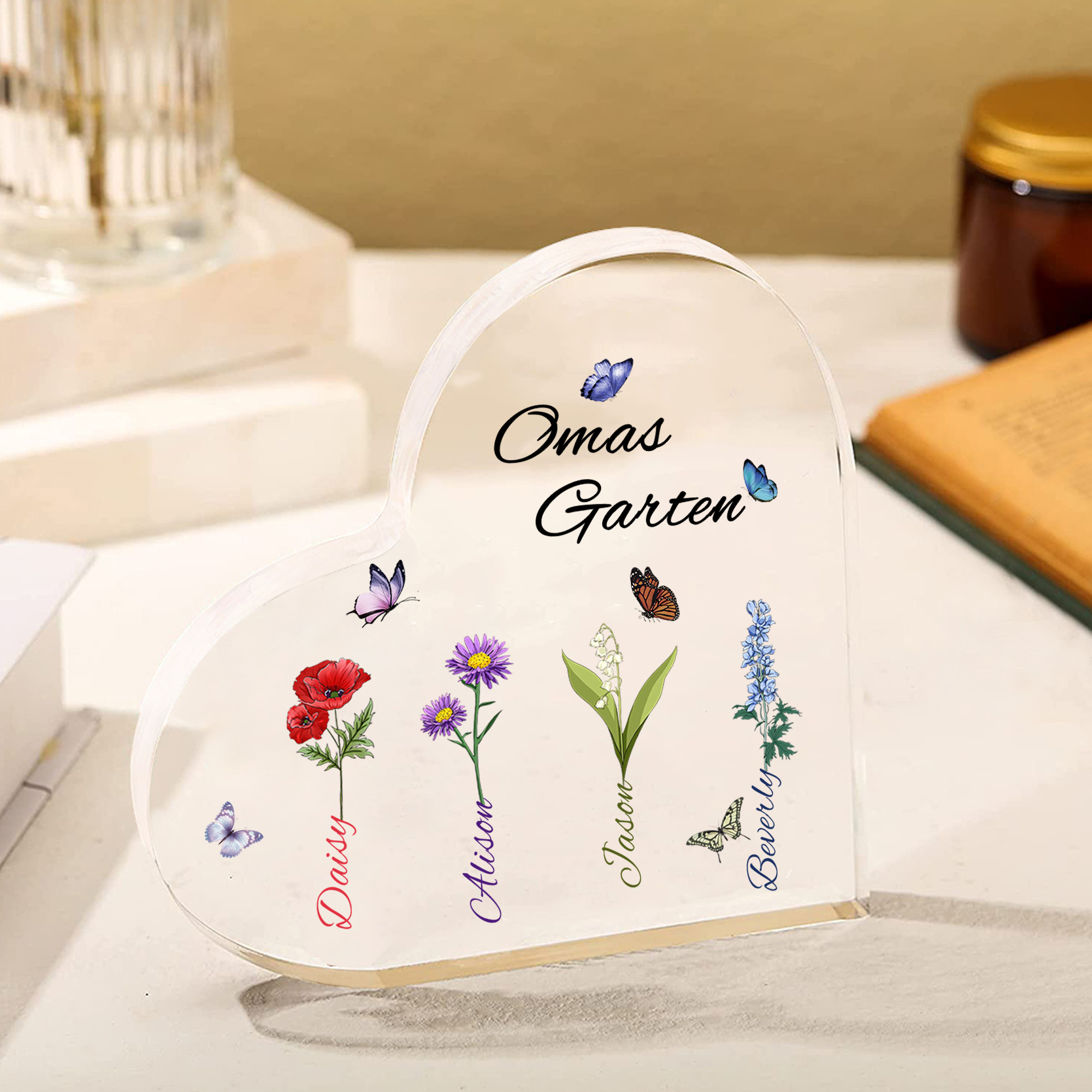 Personalisierte 4 Namen & Text & Geburtsblume Herz Acryl-Deko–Omas Garten– Schreibtischdekoration für Großmütter