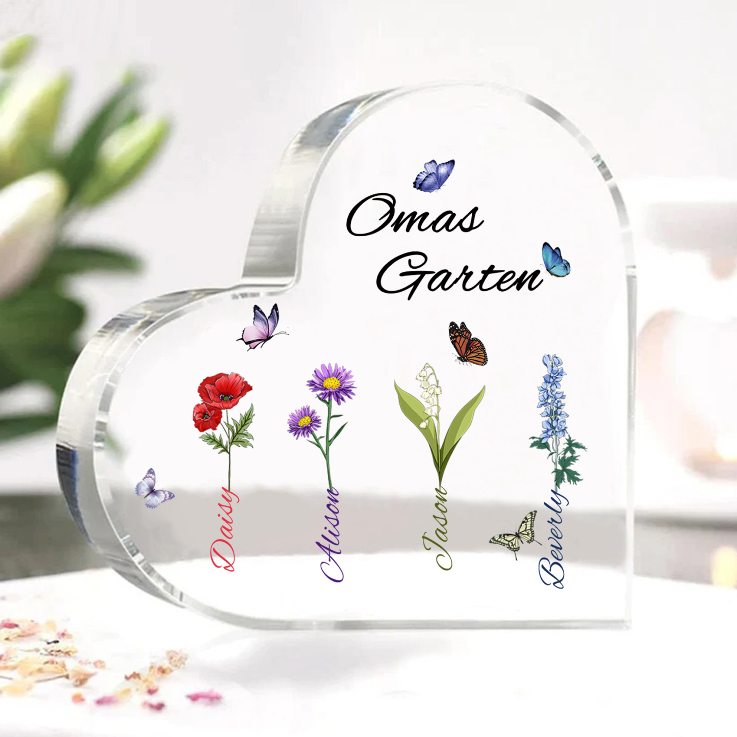 Personalisierte 4 Namen & Text & Geburtsblume Herz Acryl-Deko–Omas Garten– Schreibtischdekoration für Großmütter