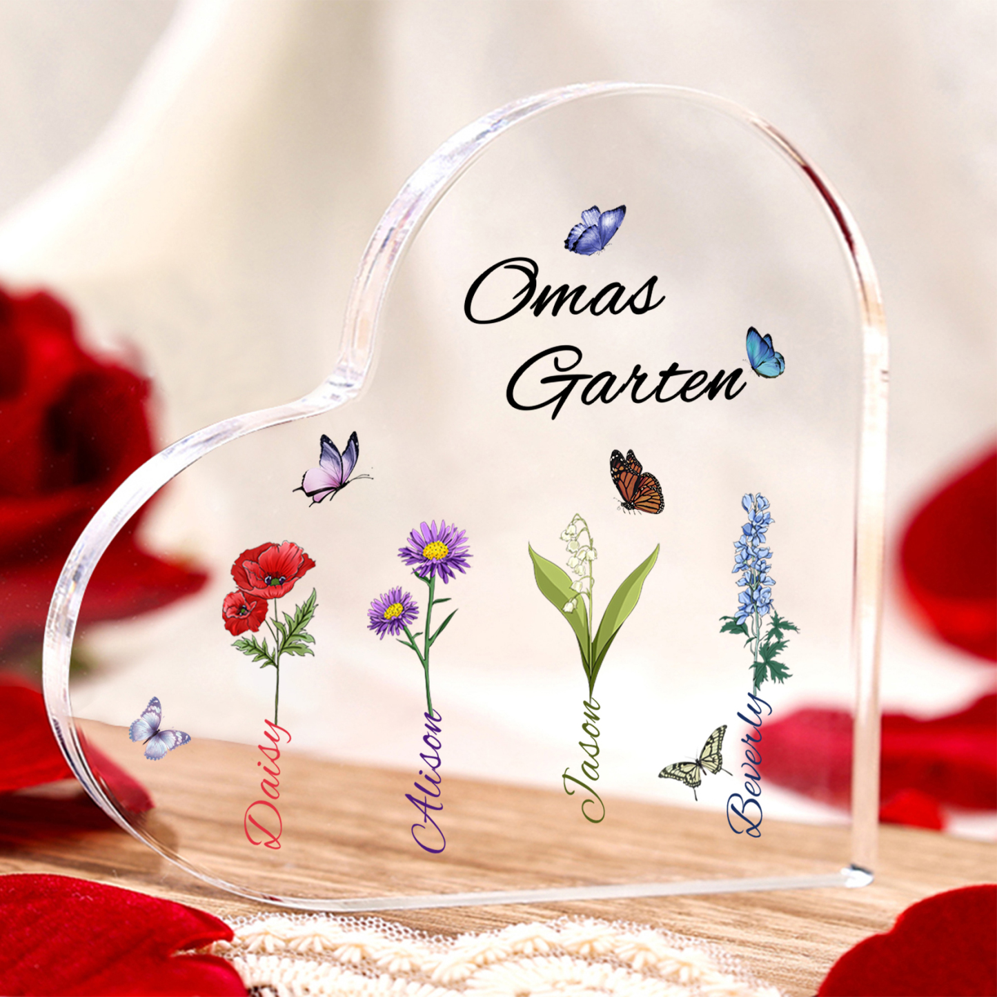 Personalisierte 4 Namen & Text & Geburtsblume Herz Acryl-Deko–Omas Garten– Schreibtischdekoration für Großmütter