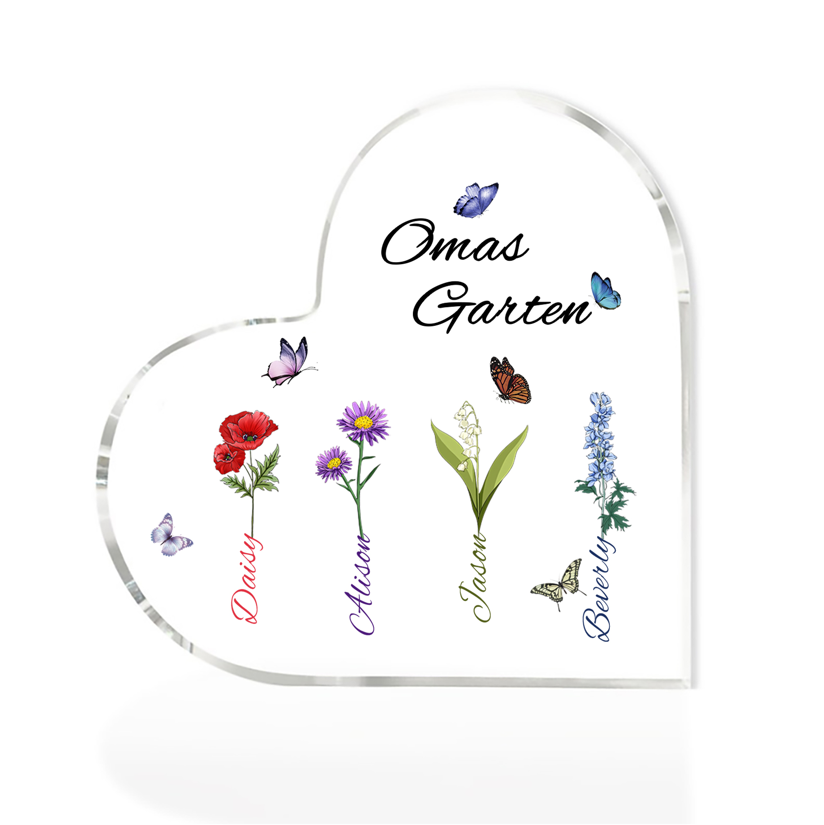Personalisierte 4 Namen & Text & Geburtsblume Herz Acryl-Deko–Omas Garten– Schreibtischdekoration für Großmütter