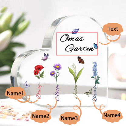 Personalisierte 4 Namen & Text & Geburtsblume Herz Acryl-Deko–Omas Garten– Schreibtischdekoration für Großmütter