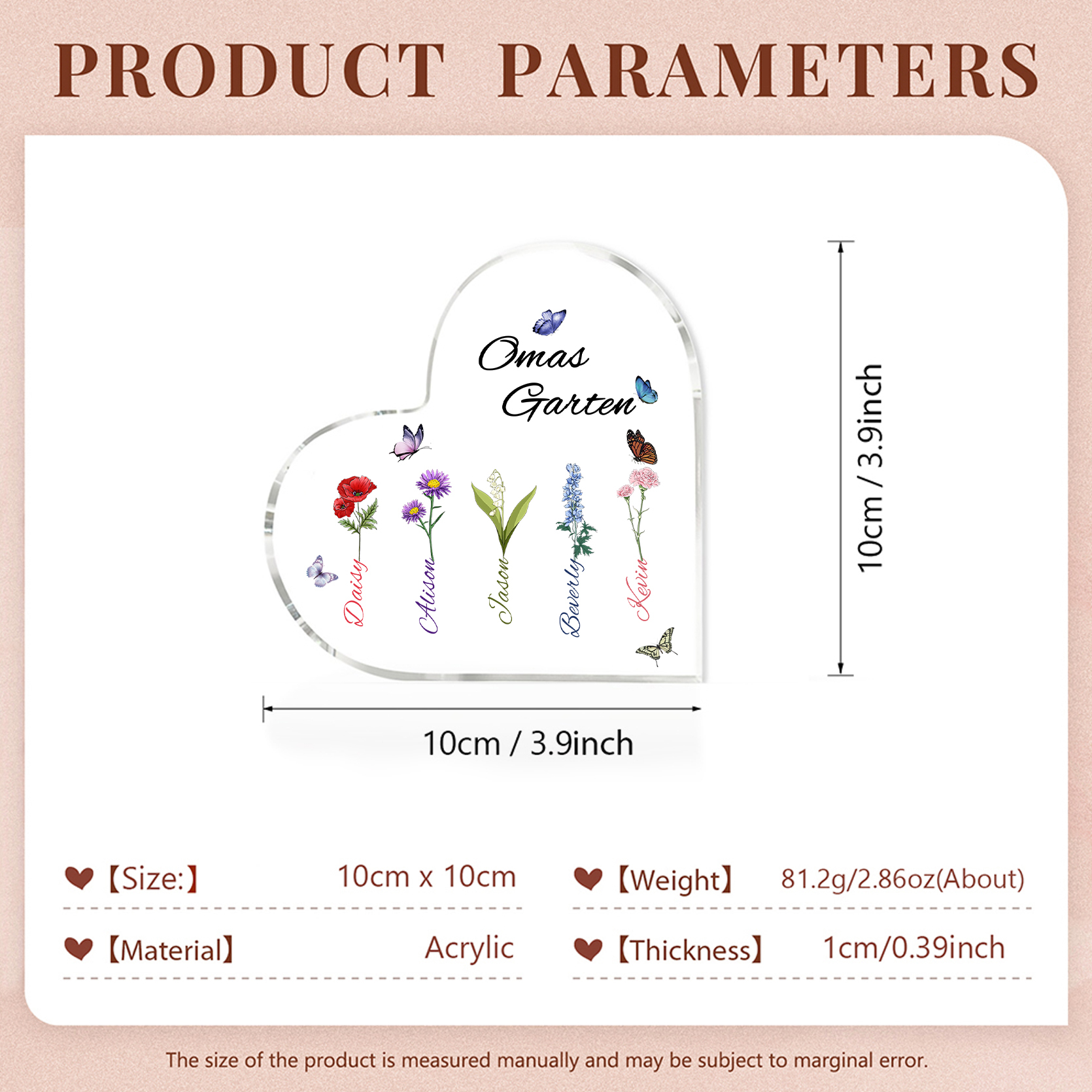 Personalisierte 5 Namen & Text & Geburtsblume Herz Acryl-Deko–Omas Garten– Schreibtischdekoration für Großmütter
